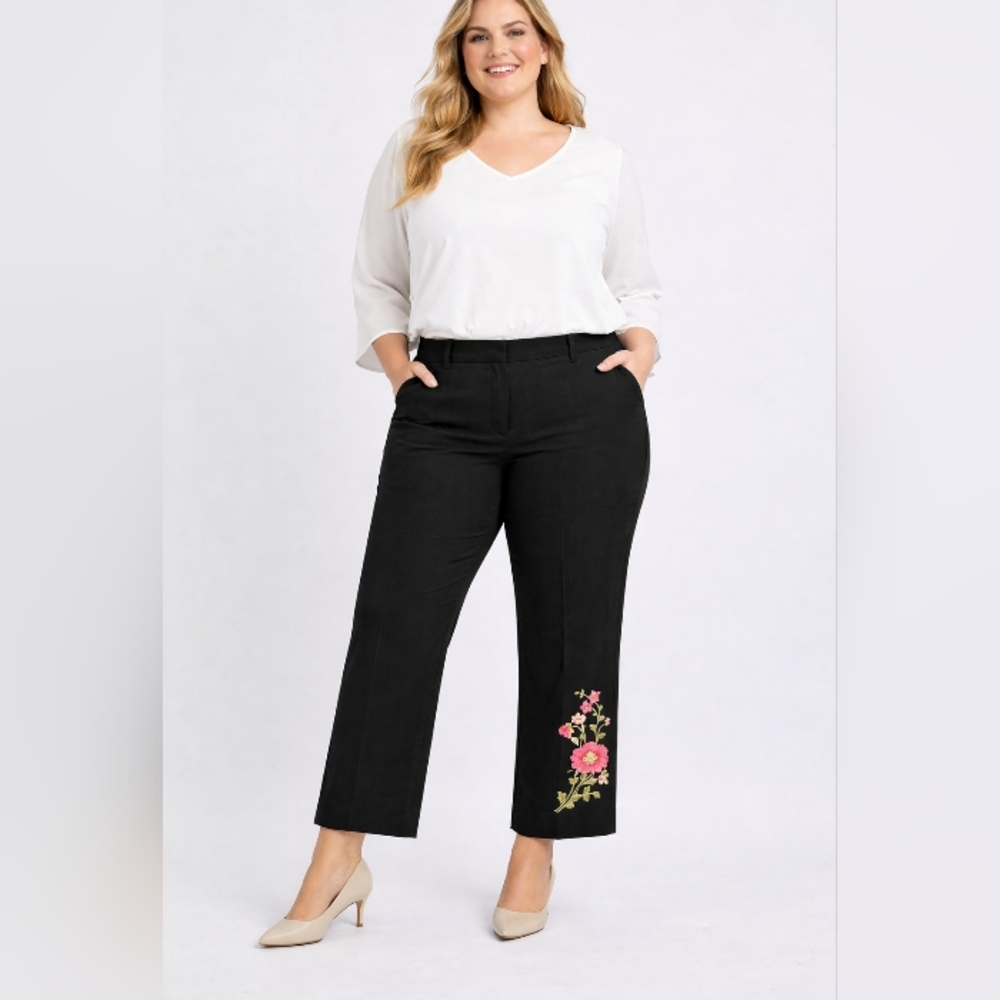 Venezia Black Embroidered Plus Size Cropped Pants 18 Like New